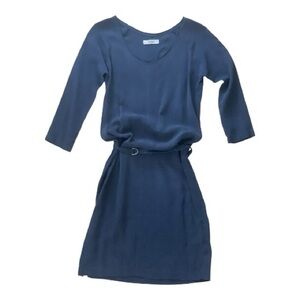 HUMANOID Boat Neck Navy Mini Dress Cupro and Cotton with belt